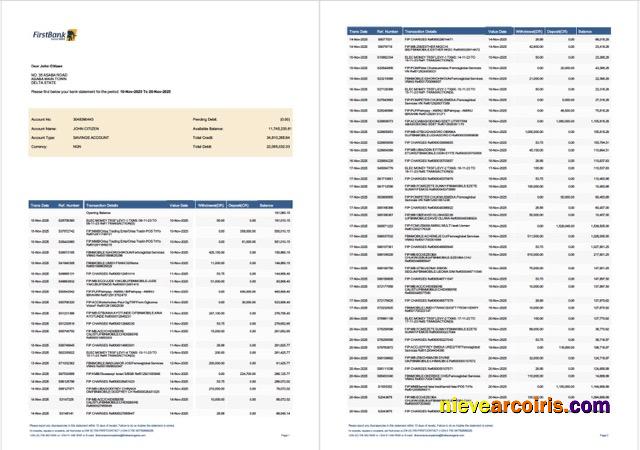 Nigeria First Bank account statement Word and PDF, 2 pages